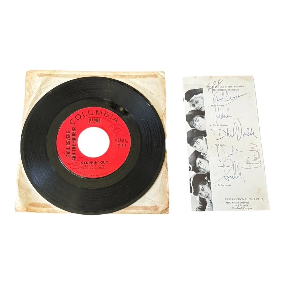 Paul Revere & The Raiders Autographed 45 Steppin Out Columbia w Fan Club Card